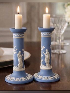 Wedgwood Jasperware Blue Candlesticks Pair Classical Relief England 6.5”